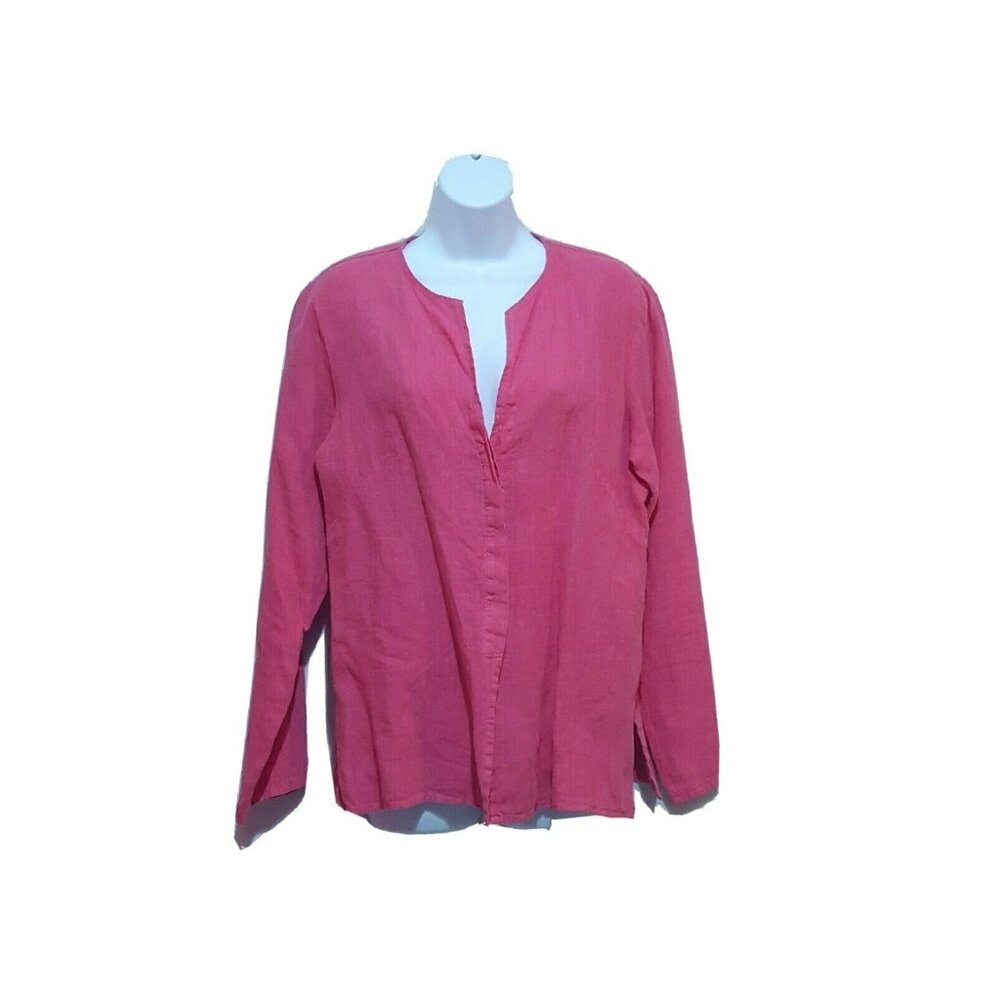 Vintage Match Point Womens Long Sleeve Top 100% Linen Hot Pink Long Sleeve USA M